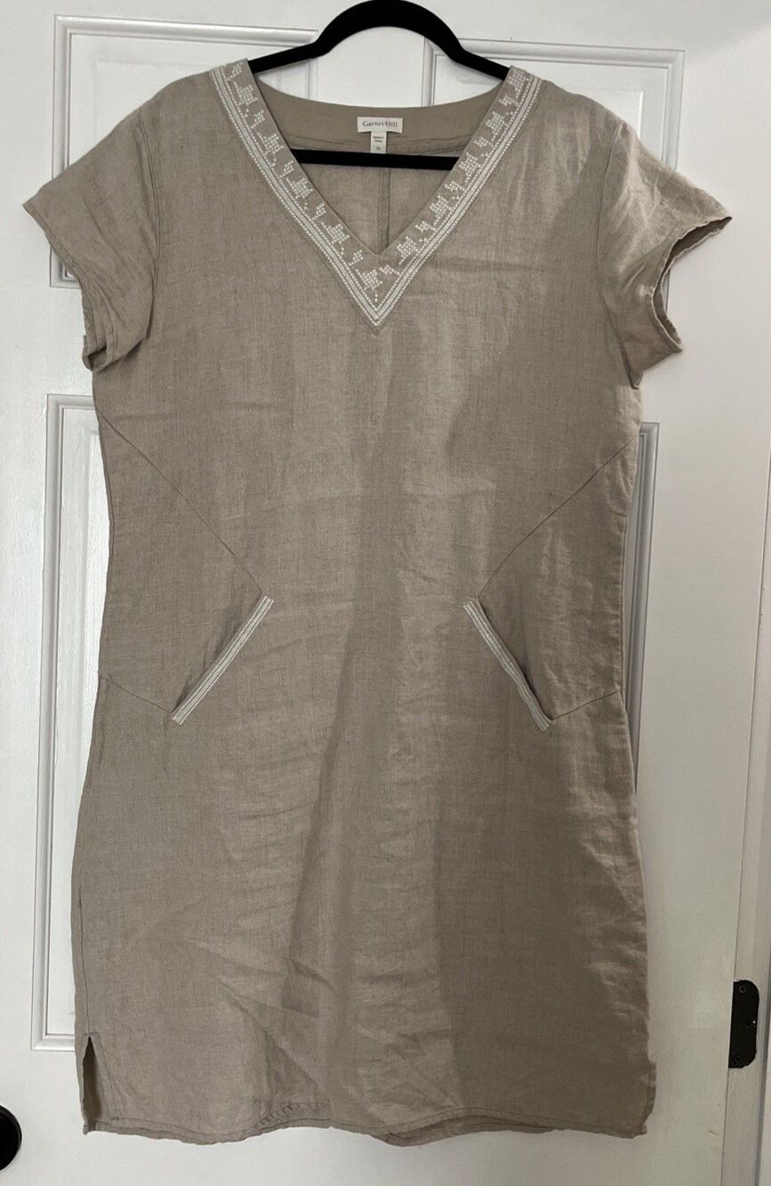 Garnet Hill Linen Embroidered Dress 10 Natural Tan Pockets Minimalist Earthy - Picture 1 of 7